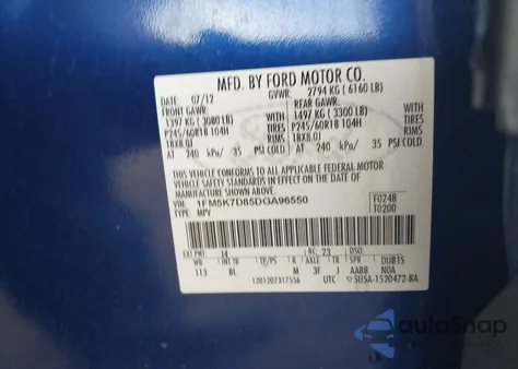 2013 Ford Explorer Xlt из США, поврежденный, VIN 1FM5K7D85DGA96550